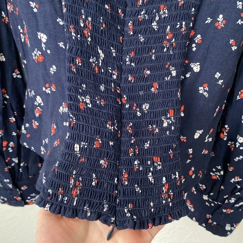 Reformation Navy Blue Floral Square-Neck Puff Sleeve Top